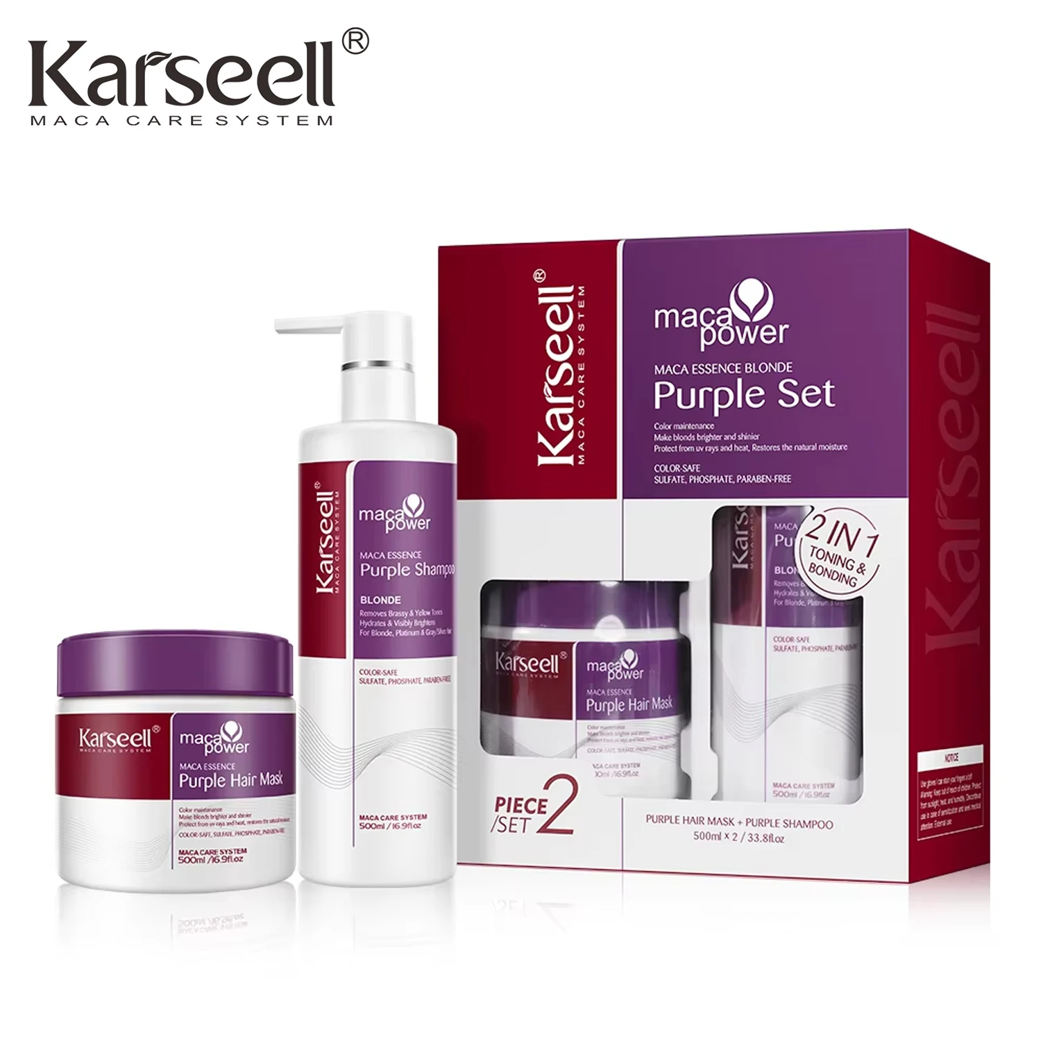 Karseell Maca Power หน้ากากผมสีม่วงและแชมพู Professional Neutralizes ทองเหลืองโทนสีเหลืองสําหรับผมสีบลอนด์สีเทาเงินเน้น