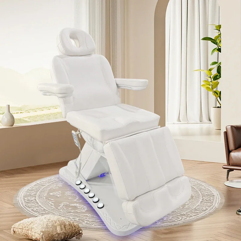 Keyunshi Professional White Electric Adjustable Beauty Bed with LED Light Strip Base for Spa Salon