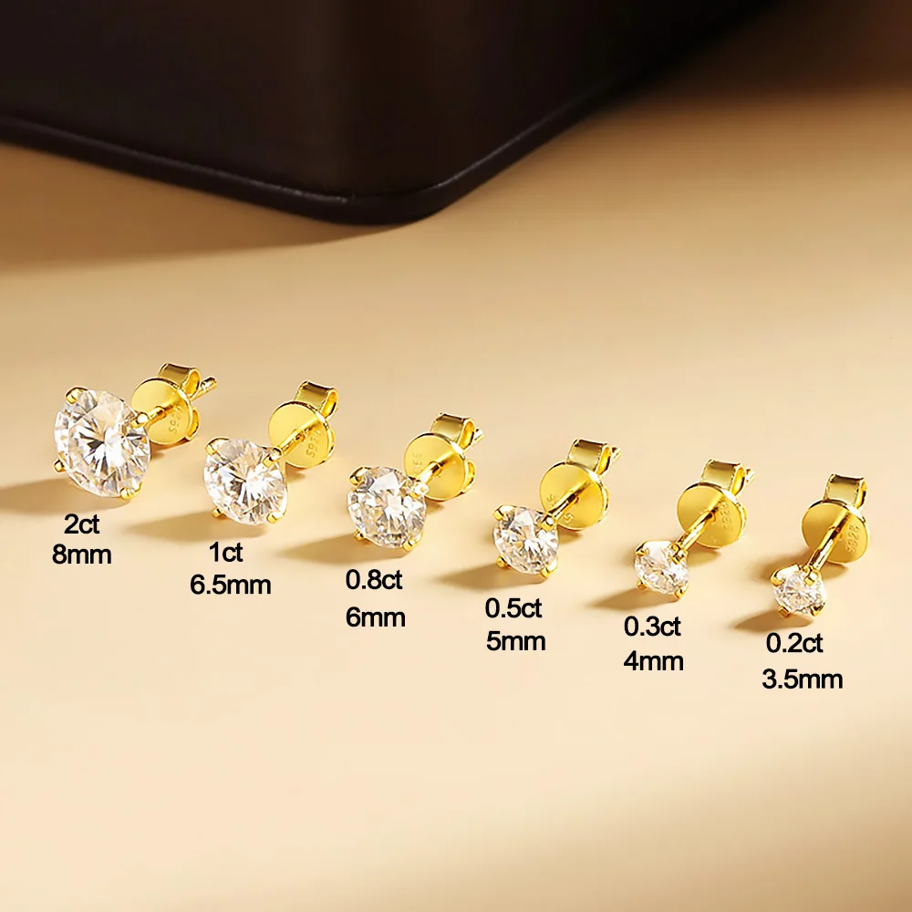 0.2-2ct モアッサナイト スタッド イヤリング レディース メンズ ラウンド D カラー ダイヤモンド 925 スターリングシルバー 18K ゴールドメッキ ジュエリー 証明書付き