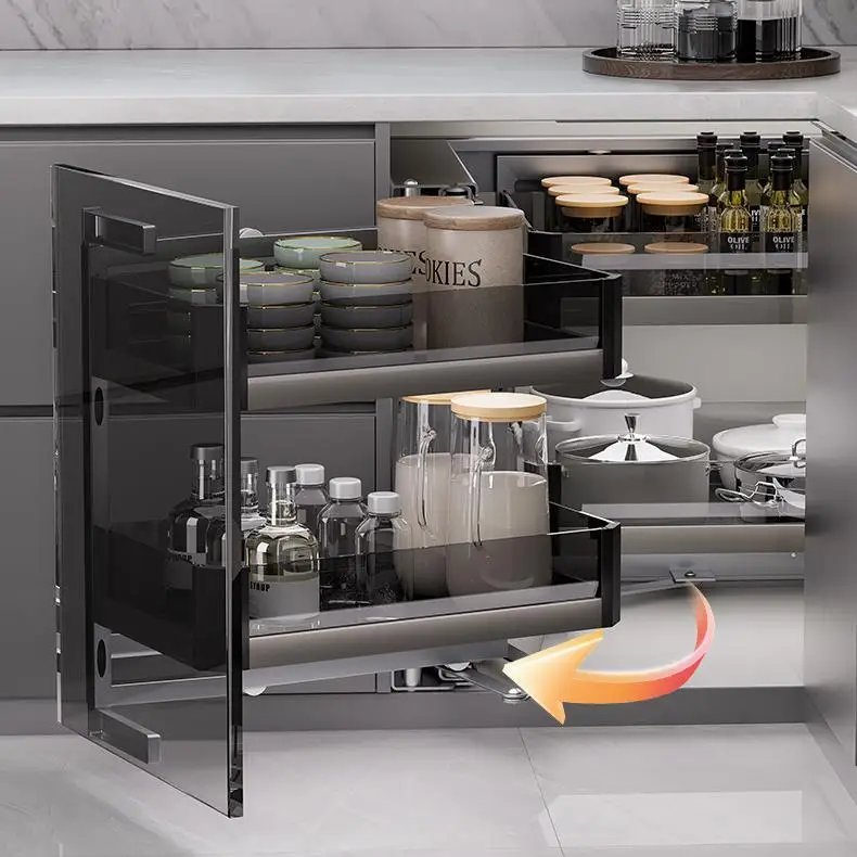 -oo Double-layer Corner Monster Stainless Steel Pull-out Basket with Damping and Linkage for Cabinet Storage