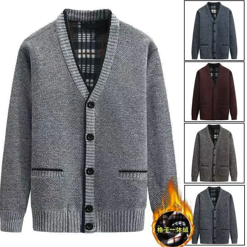 2026 Autumn and Winter New Casual Velvet Men's Knitted Long-sleeved V-neck Sweater Cardigan Jacket
