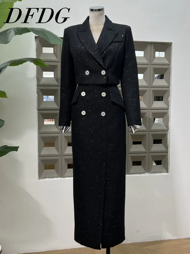

DFDG 2025 SS женский роскошный двубортный комплект с блестящим тонким укороченным блейзером облегающая юбка с разрезом офисный вечерний комплект одежды