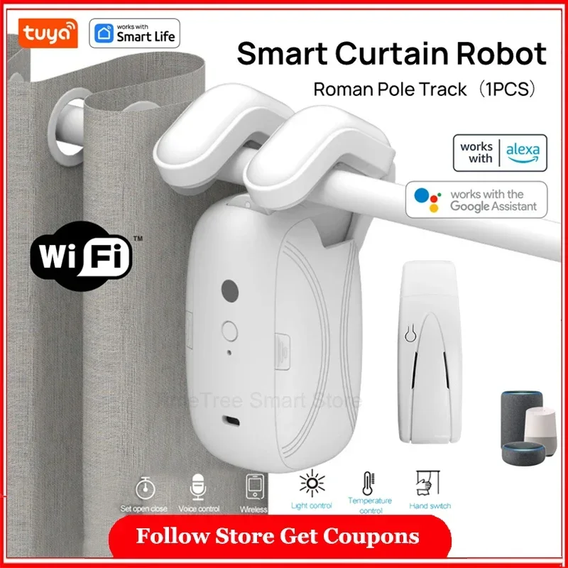 

Tuya Electric Smart WiFi Curtain Robot (with Hub) for T/U Roman Rod Track - App Remote Control, Alexa & Google Home Compatible