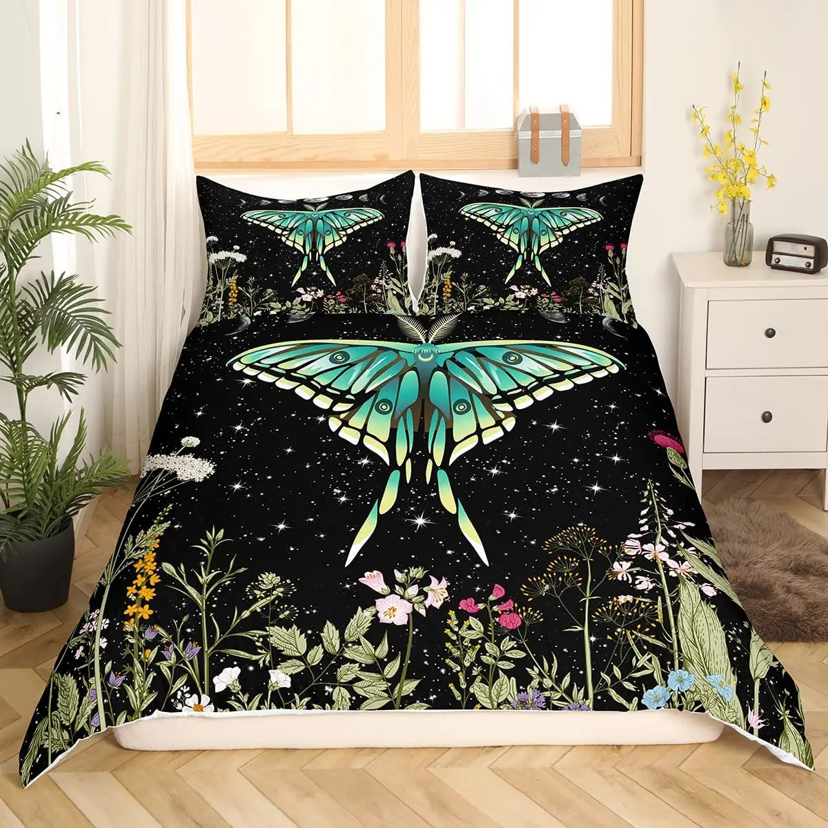 Butterfly Bedding Set Moon Phase Kids Comforter Cover Vintage Plant Floral Starry Sky Duvet Cover Bohemian Bedspread Cover Decor