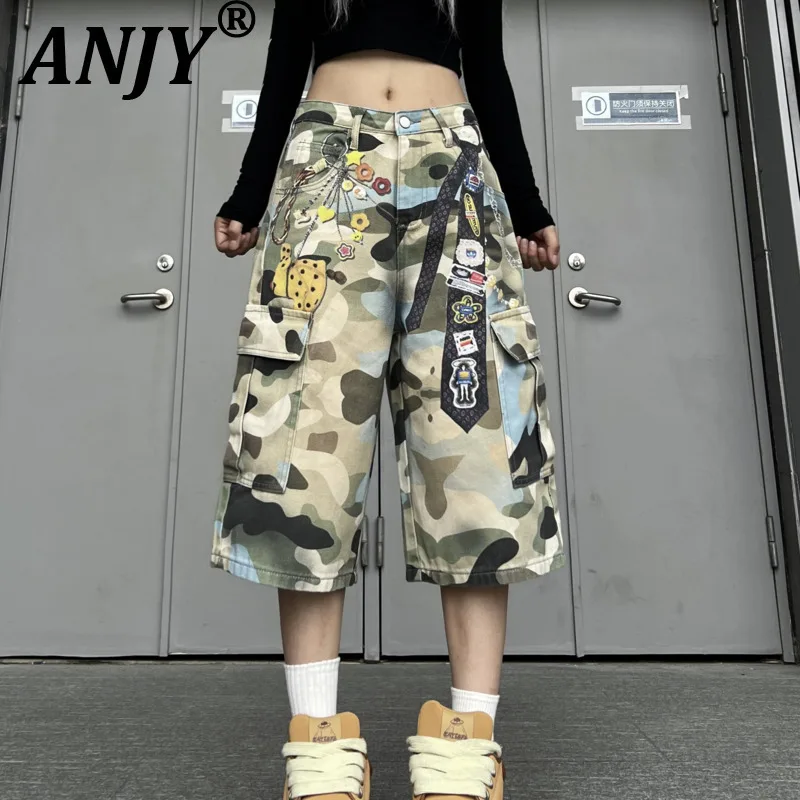 

ANJY Spring Summer New Women American Style Retro Camouflage Print Denim Shorts Stylish Heavy Loose Ins Calf-Length Pants A22527