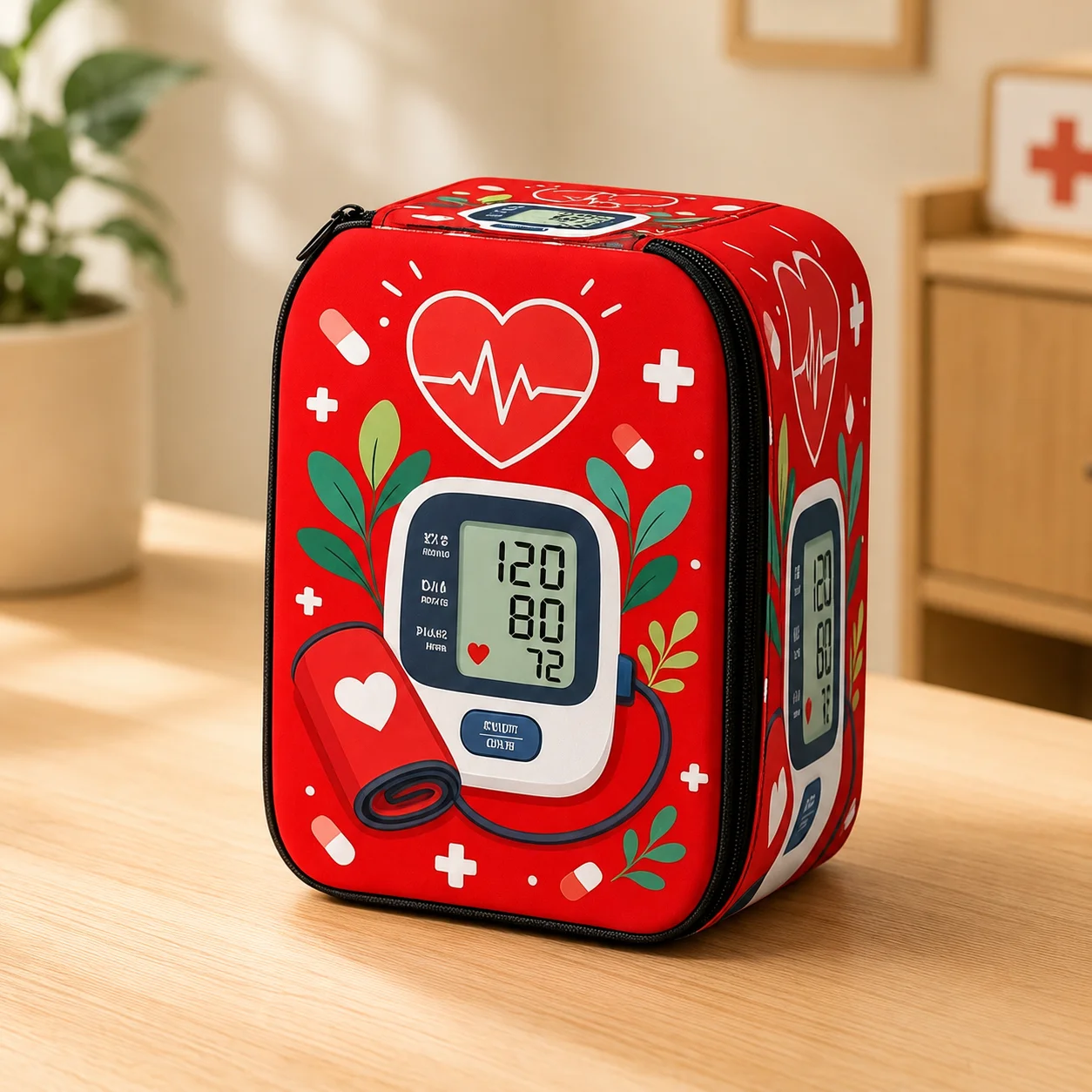 Blood Pressure Monitor Case Red Medical Print Storage Bag Home Health Care Travel Organizer Protective Device Pouch Holder