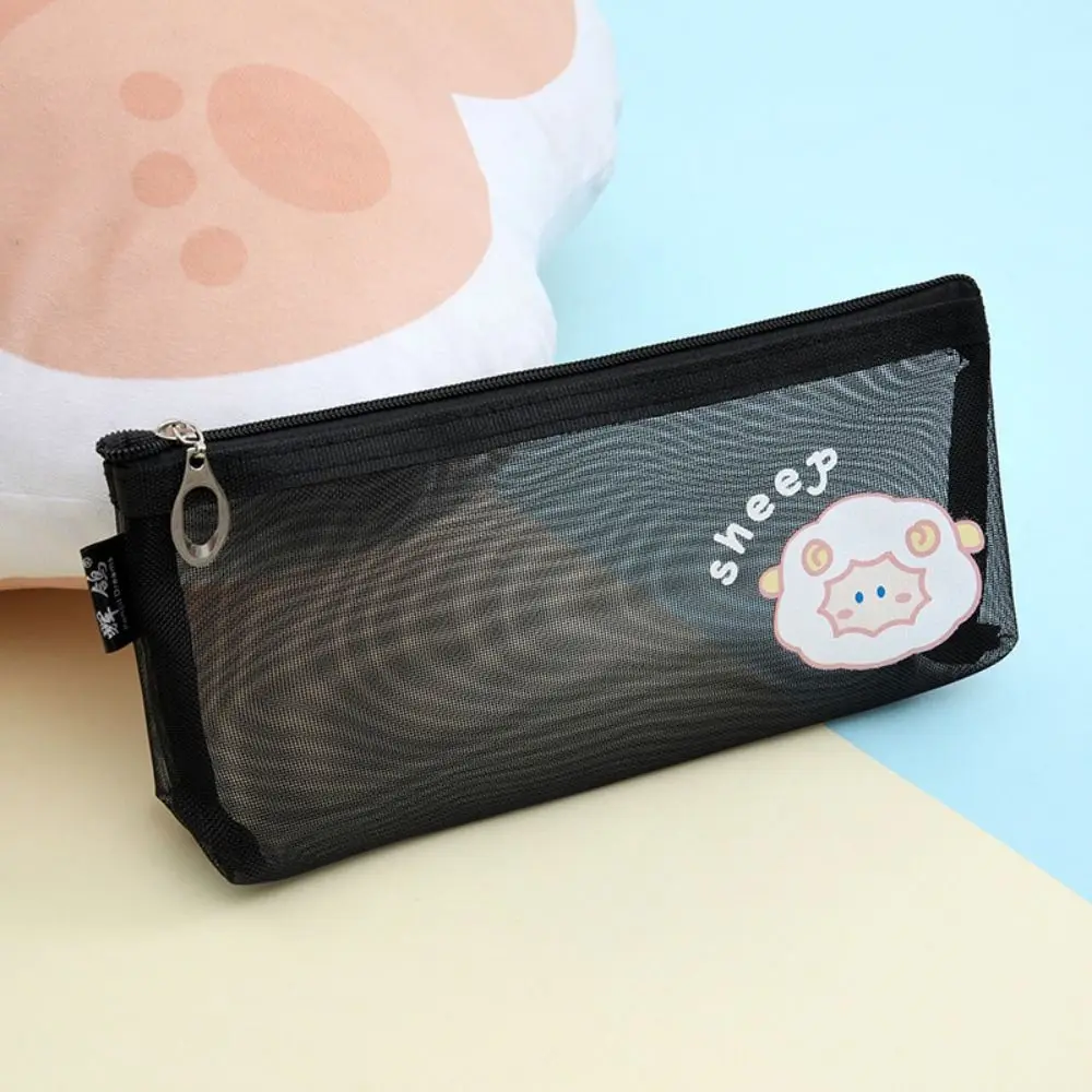 Cute Mesh Pencil Case Portable Transparent Cartoon Net Pen Bag Large-Capacity Breathable Stationery Storage Bag Office Supply