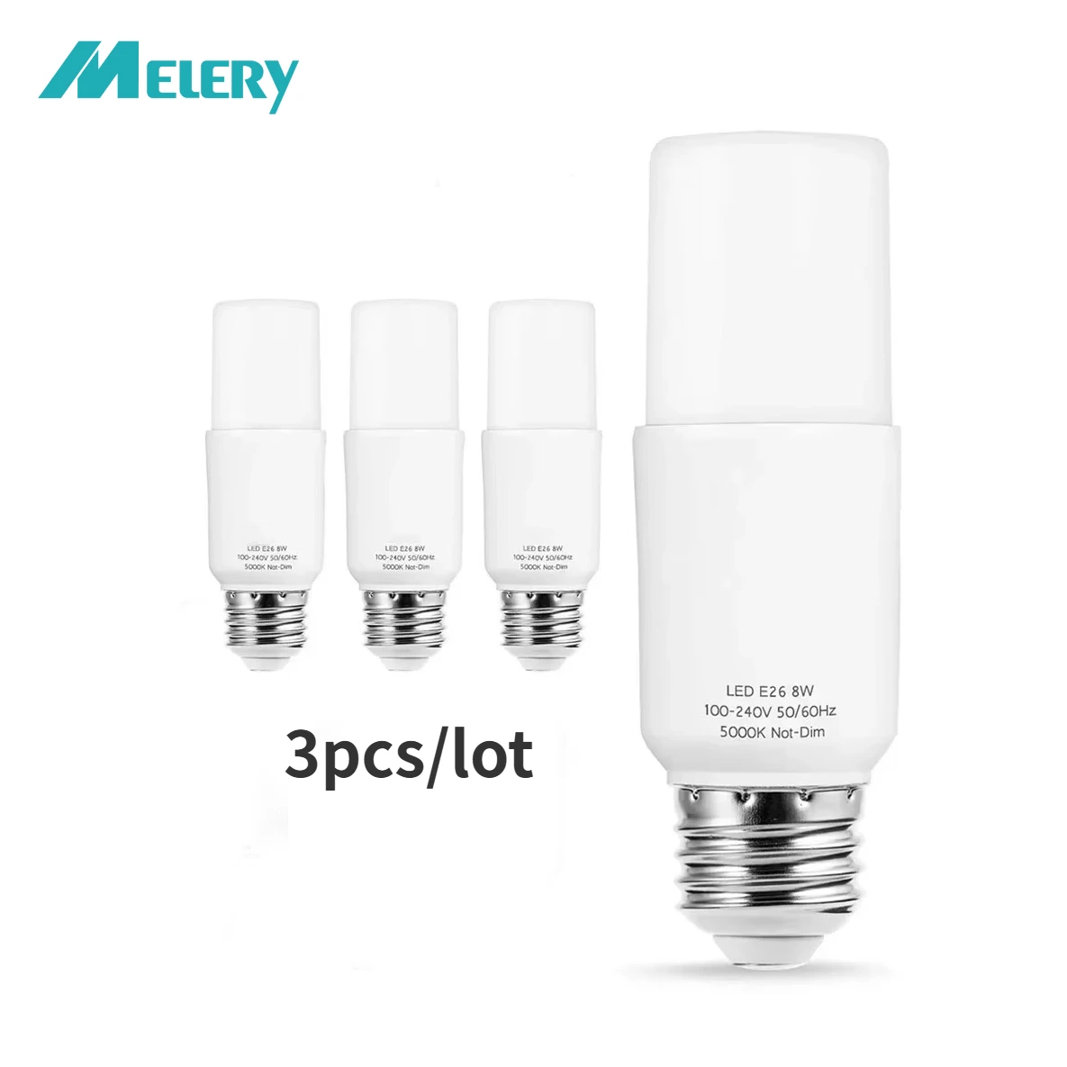 

Melery E27 E26 Tubular LED Light Bulb Daylight White 8W Equivalent 60W 800 Lumens 360 Degree Lamp Home Commercial Place 3Pack