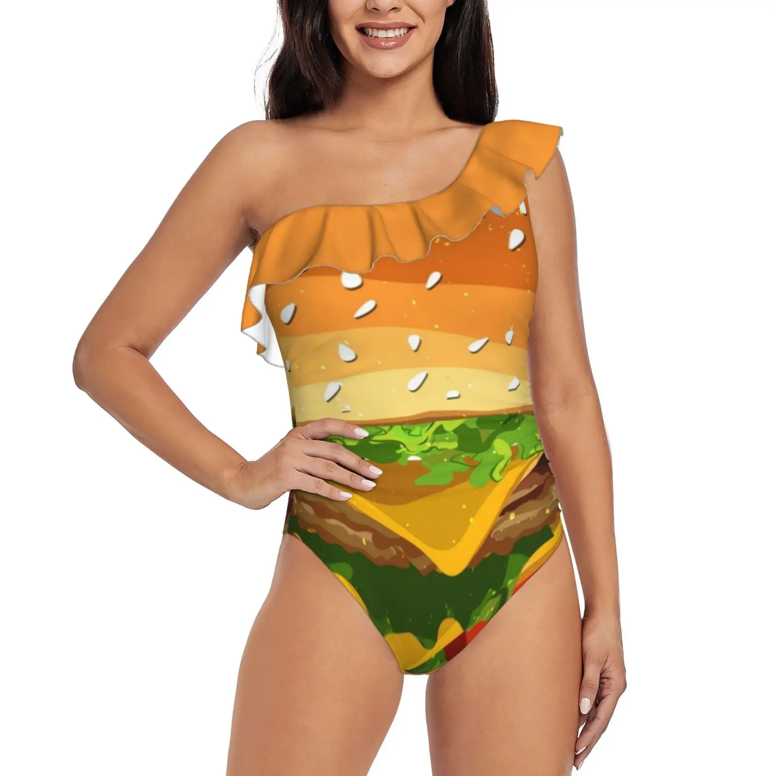 

Cheeseburger Pattern. One Shoulder Ruffle Swimsuits One Piece Swimsuit Women Swimwear Beach Bathing Wear Pattern Hamburger