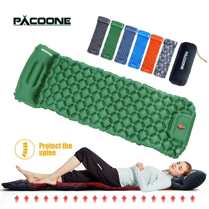 PACOONE Outdoor Camping Sleeping Pad Ultralight Air Mat Inflatable Mattress with Pillows  Built-in Inflator Pump Travel Hiking