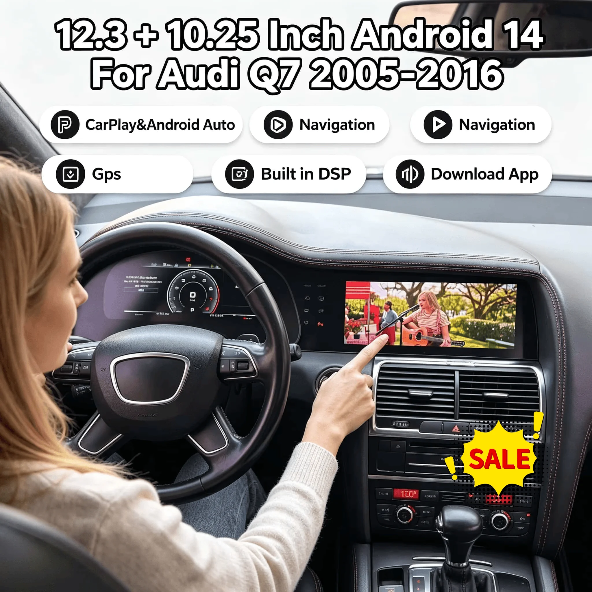 12.3+10.25 Inch Android 14  For Audi Q7 2005-2016 Touch Screen Car Stereo Head Unit GPS Navigation Multimedia Player