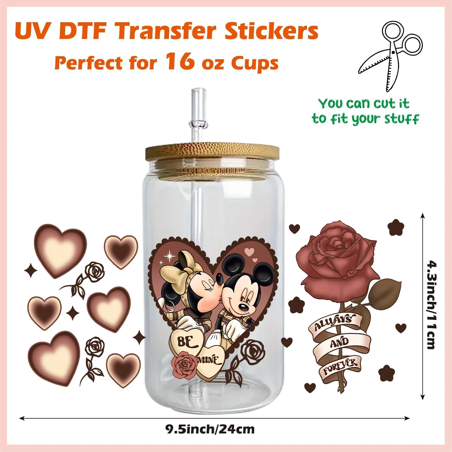 XOXO Lover Mickey Series easy peel waterproof DIY Decals 3D transfers uvdtf stickers 16oz uv dtf cup wraps for Libbey Glasses