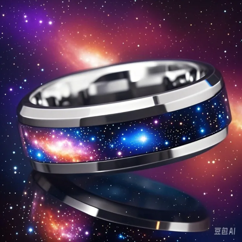 Rings for Men Women Orion Nebula Galaxy Opal Blue Gold Foils Inlay Engagement Wedding Promise Band Beveled Edges Polished