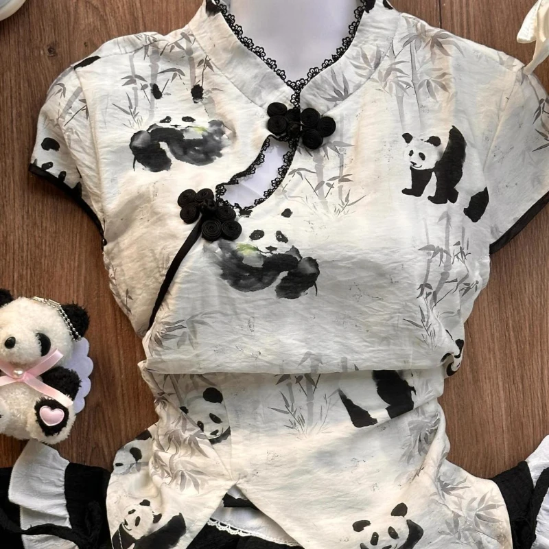 Top con estampado de Panda chino para mujer, falda de pastel esponjosa adelgazante de cintura alta, delantal de sirvienta, conjunto de 3 piezas, ropa elegante de primavera 2025