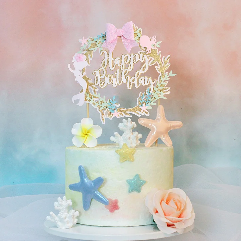 Mermaid Happy Birthday Cake Topper with Octopus Starfish Shell Cake Pick for Theme Baby Shower Kids Birthday Party Decorations