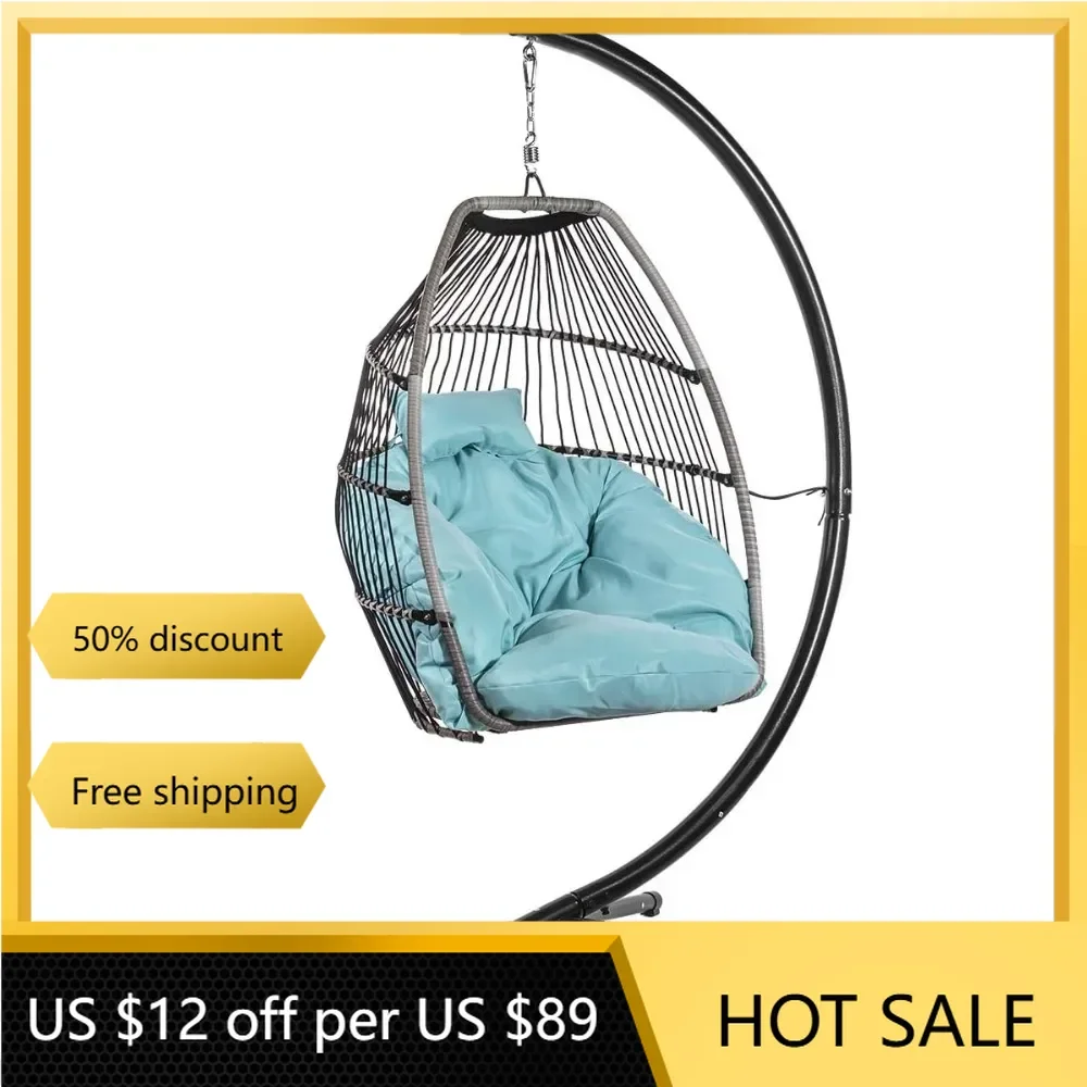 Hanging Chair Blue w/Deep Cushion Soft Relaxing Outdoor Indoor Patio Hanging Swinging freight free