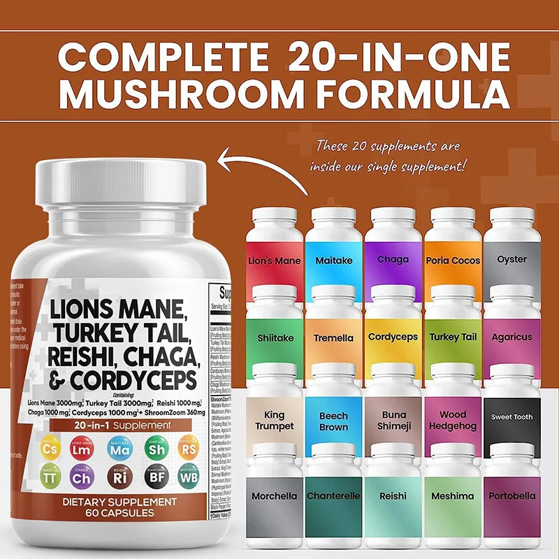 Lions Mane 3000mg 20in1 Mushroom Men Supplement with Turkey Tail 2000mg Reishi 1000mg Cordyceps Chaga 1000mg Maitake Meshima