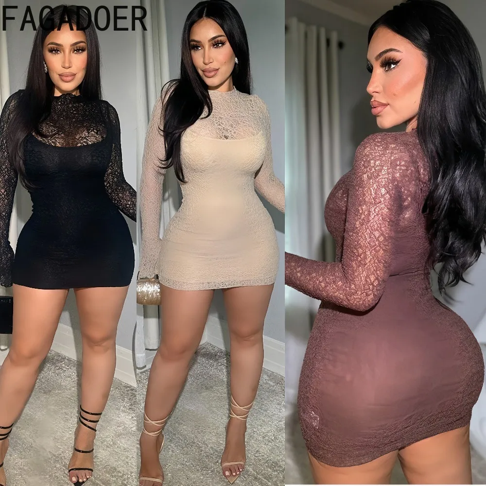 FAGADOER Sexy Lace Patchwork Bodycon Dresses Woman See Through Spaghetti Strap Dress + Smock Female Streetwear Vestidos 2025 New