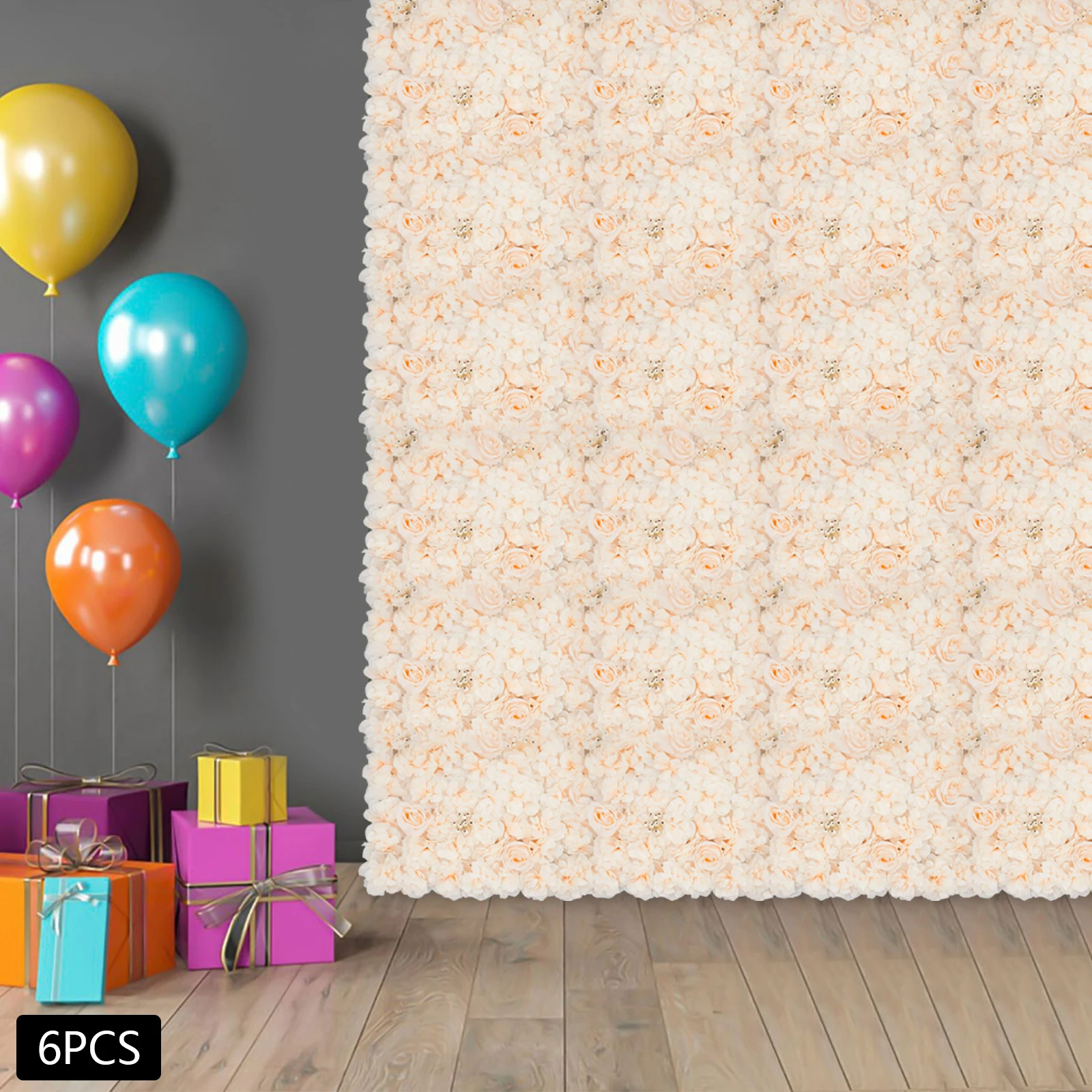 6-teiliges Set Pflanzen-Blumen-Wand Bestickte Kugel Künstliche Blumenwand-Platte Weiß Frucht+Hell-Champagner Prachtvolle Rose – Detail 4