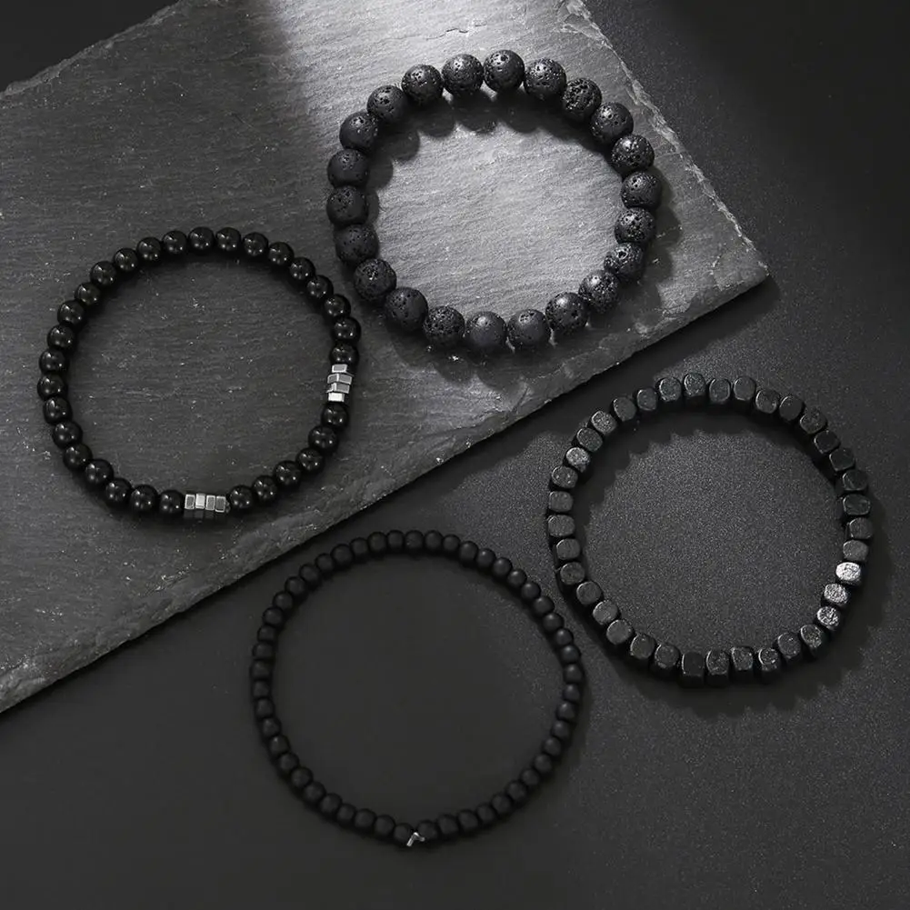 4 Pcs Men Bracelets Natural Stone Black Stackable Multi-layered Bracelet Set Elastic Rope Wrist Jewelry Men Wrist Accrssory