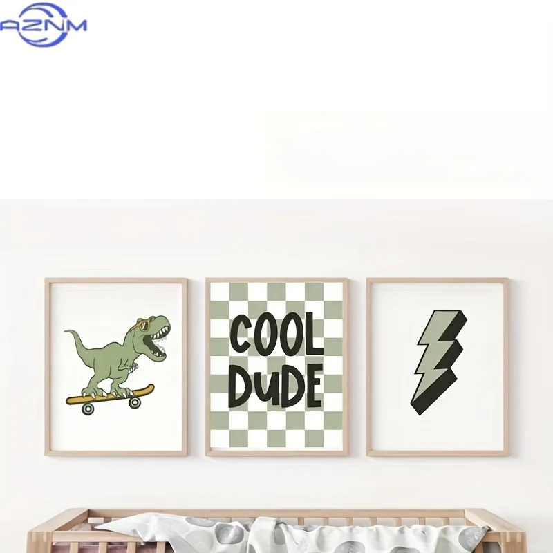 3pcs Dinosaur Painting Canvas Prints Cool Dude Dinosaur Skateboard Wall Art Decor For Home Room Wall Decor No Framed