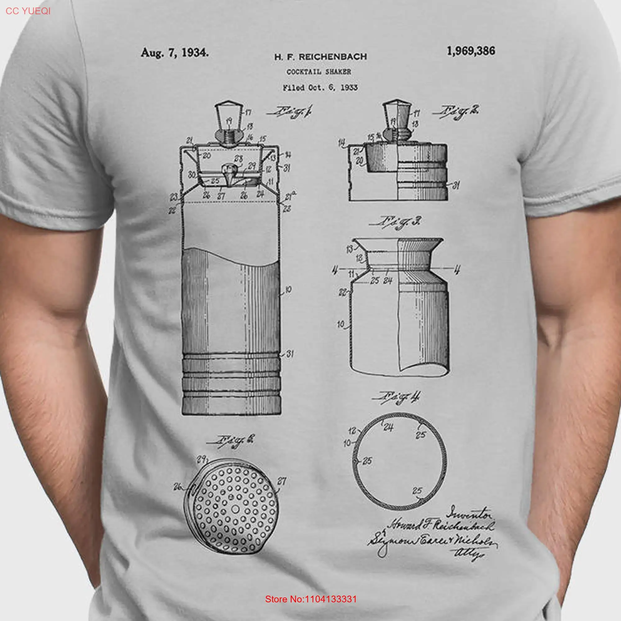 Cocktail Shaker For Bartender T Shirt Bartending Drinking Mixology College Alcohol Patent P366 long or short sleeves