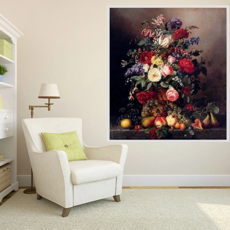 Classic Flower Oil Painting on Canvas - Handmade Wall Decor Art with Assorted Flowers And Fruits for Kitchen