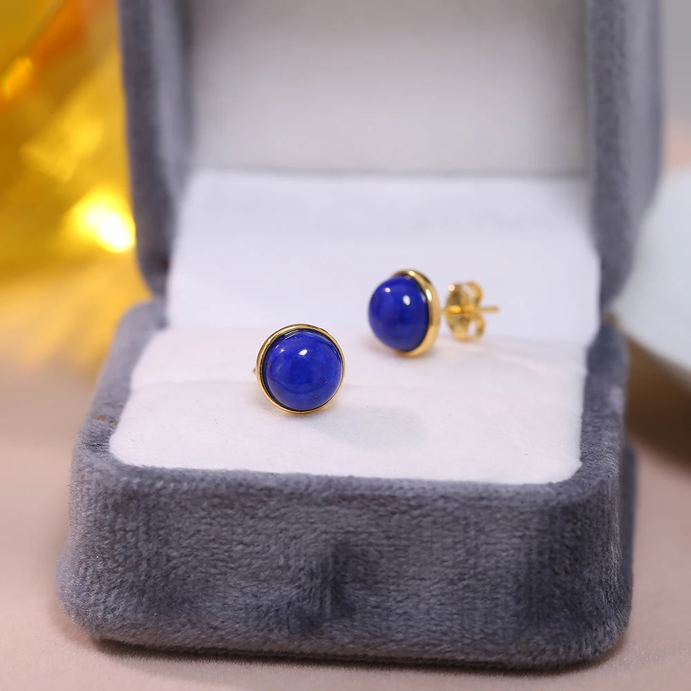 8mm Genuine Natural Lapis Lazuli 925 Sterling Silver Earrings for Women Simple Jewelry Gift