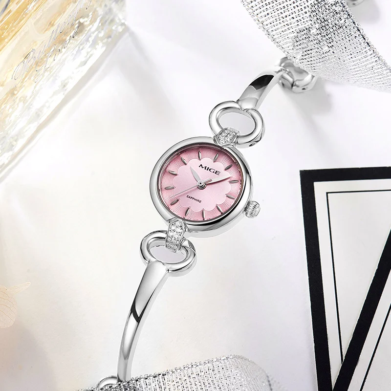 MIGE Ladies Quartz Watch,  Hollow Chain Design, White Textured Dial, Crystal Inlay, Sapphire Glass Elegant