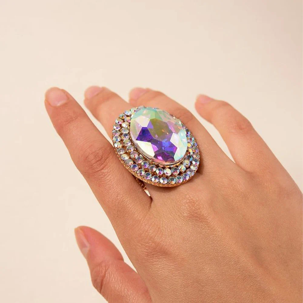 Colorful Crystal Round Open Rings for Women Cocktail Party Jewelry Gift Graceful Design Rhinestone Finger Accessories Handmade