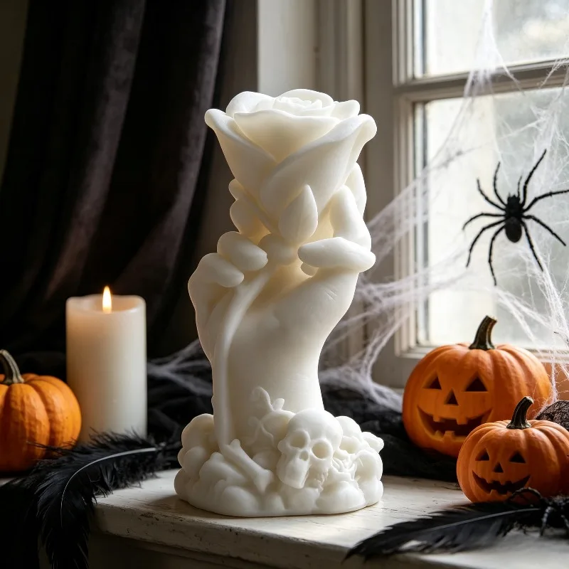 Resin silicone mold, skull holding candle mold, personalized atmosphere-themed desktop art decorative pillar, DIY mold