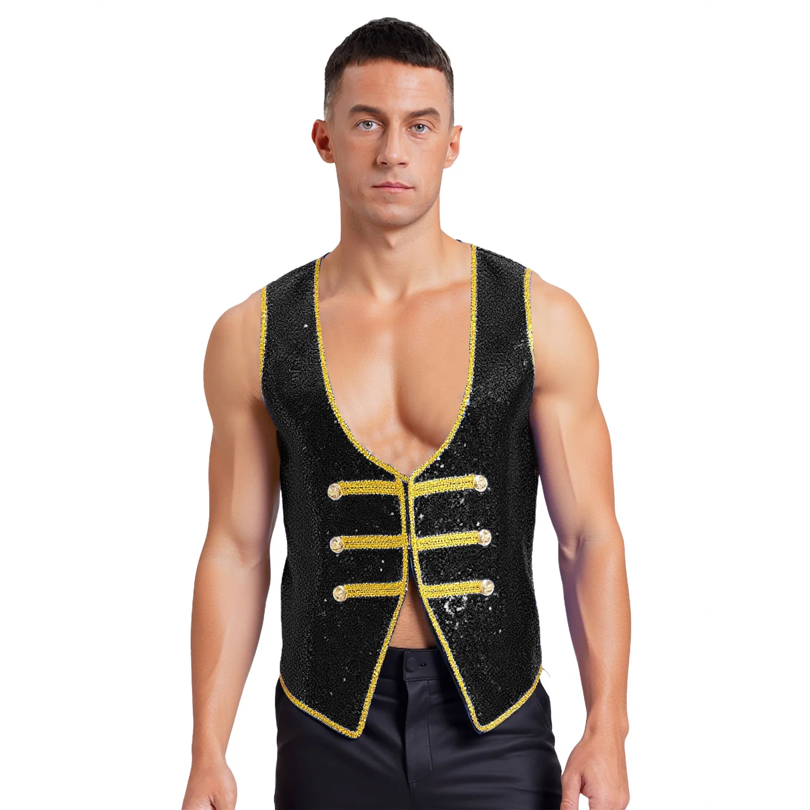 

Men's Halloween Carnival Circus Ringmaster Cosplay Performance Tailcoat Sleeveless Sequins Deep V Neck Jacket for Party Clubwear