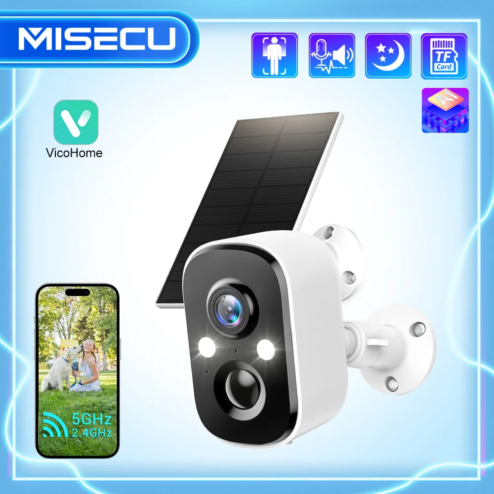 

MISECU Outdoor Security Solar Camera with Battery 3MP 2.4G WIFI PIR Camera Two Way Audio Human Detection Color Night Vision