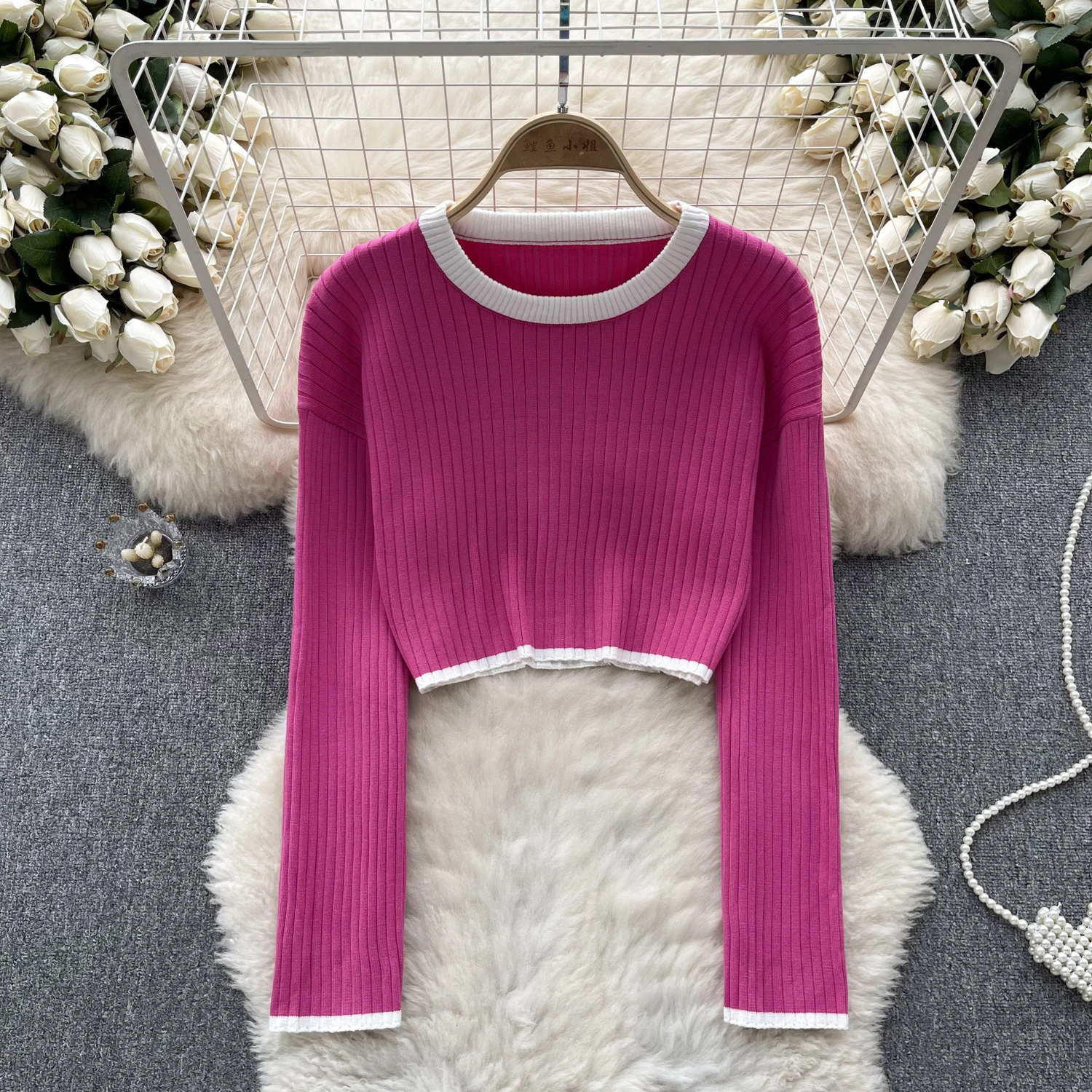

Chic Design Women Sweater Autumn Loose O-neck Long Sleeve Contrast Color Pullovers Casual All-matched Female Knitwear