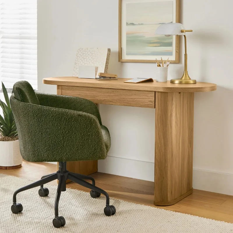 

Oval Writing Desk, Light Honey Finish,Durable Solid Wood Construction,Spacious Center Storage Drawer