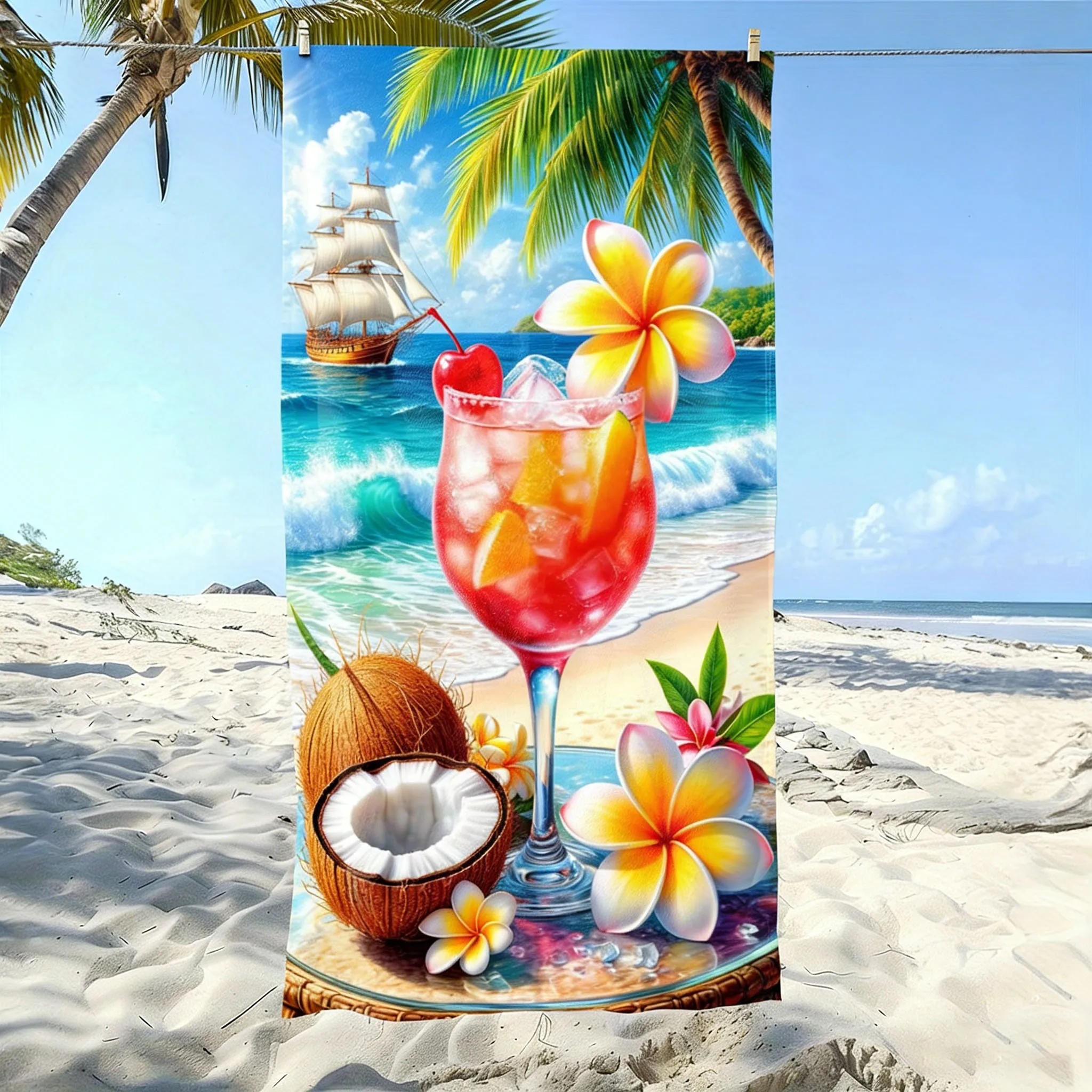 1 Stück Strandtuch mit tropischem Fruchtgetränk-Motiv, super saugfähig, geeignet für Strandurlaub, Pool, Sommer, Geschenk für Freunde
