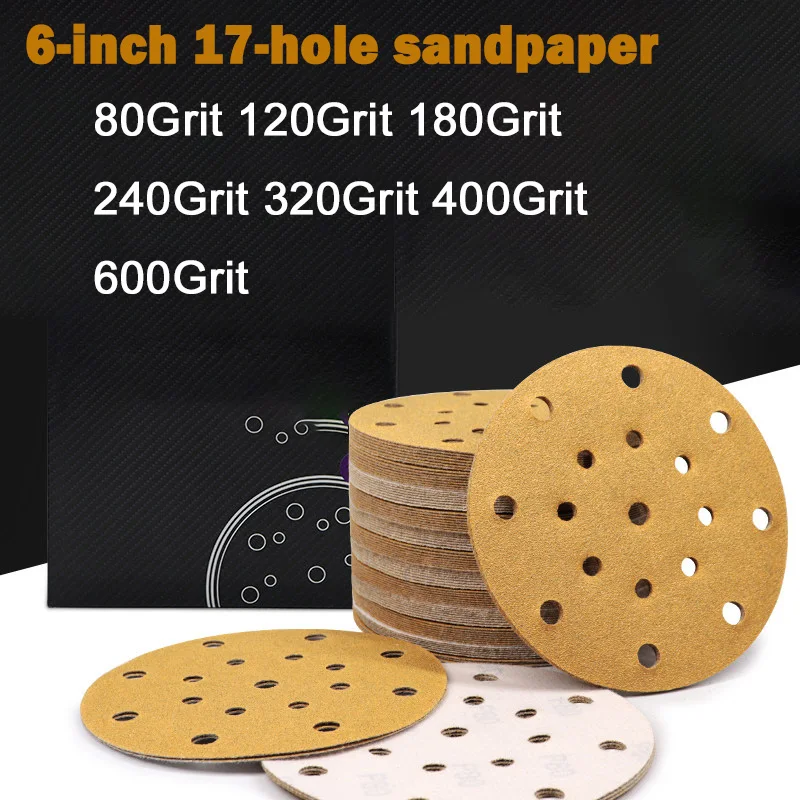 2/5/10PCS 6 Inch 17 Hole Wet & Dry Sandpaper 80-600 Grits Random Orbit Round Flocking Sandpaper for Automotive Paint Metal
