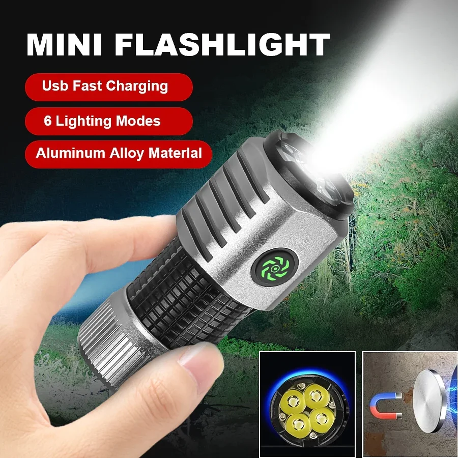 2000LM Mini Flashlight 4*SST20 LED Light 18350 USB C Rechargeable Torch Outdoor Emergency Spotlight with Pen Clip Tail Magnet