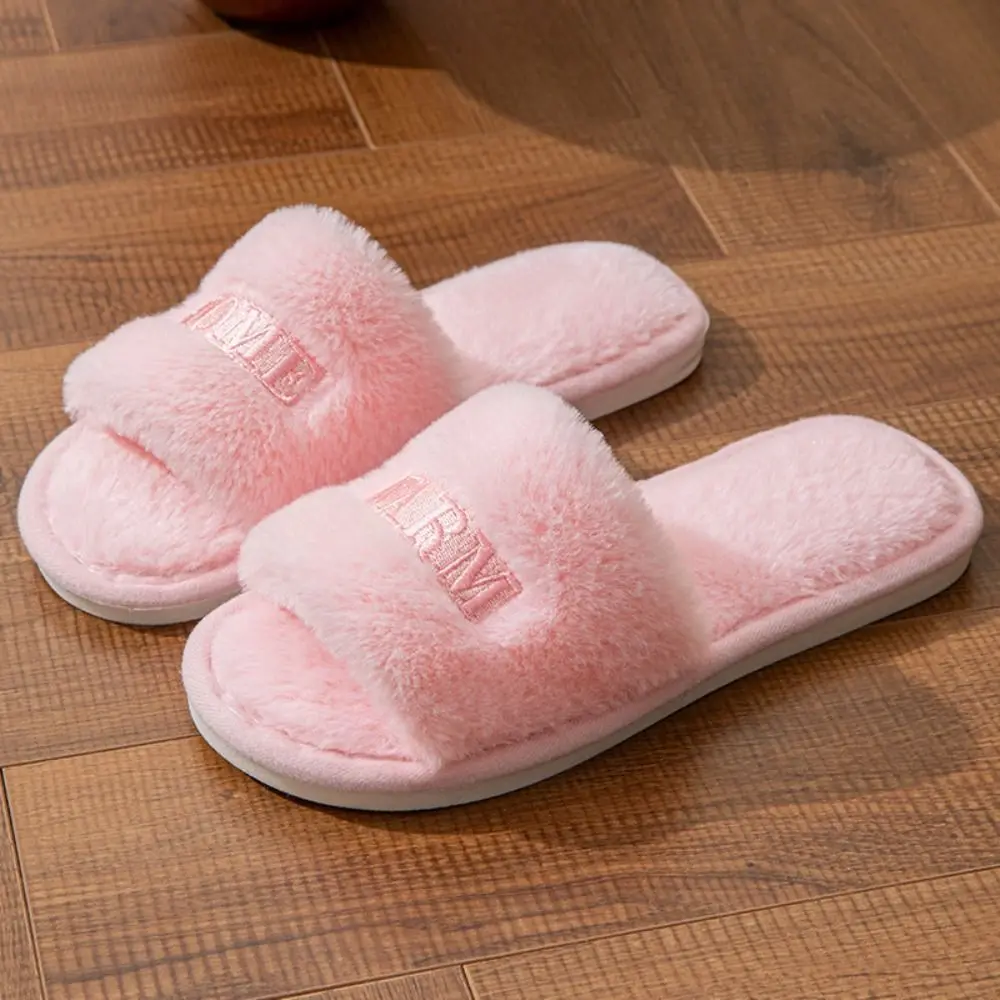 

Plush Soft Casual Fluffy Slippers Anti Slip Letter Women Home Flats Thick Sole Warm Home Cotton Shoes Indoor