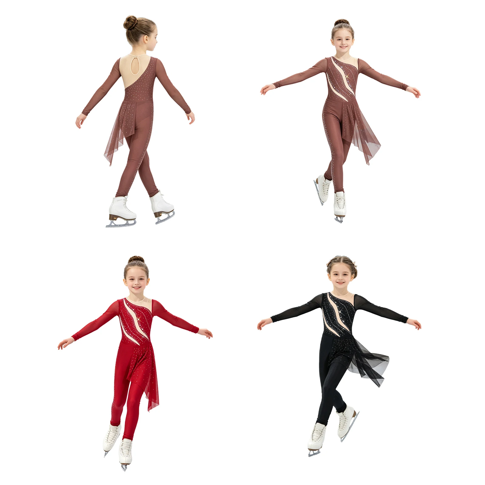 Kids Girls Gymnastics Figure Skating Performance Jumpsuit Long Sleeve Rhinestone Mesh Lyrical Dance Ballet Acrobatics Bodysuit