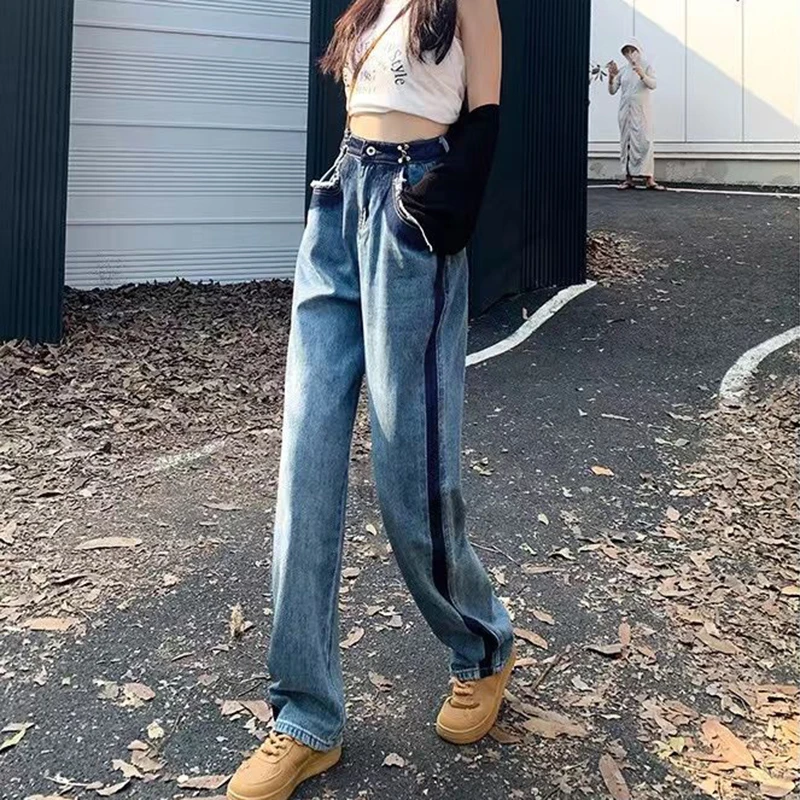 Fashion Patchwork Wide Leg Jeans Women Harajuku Vintage High Waist Straight Trousers Korean All Match Full Length Pants Spring