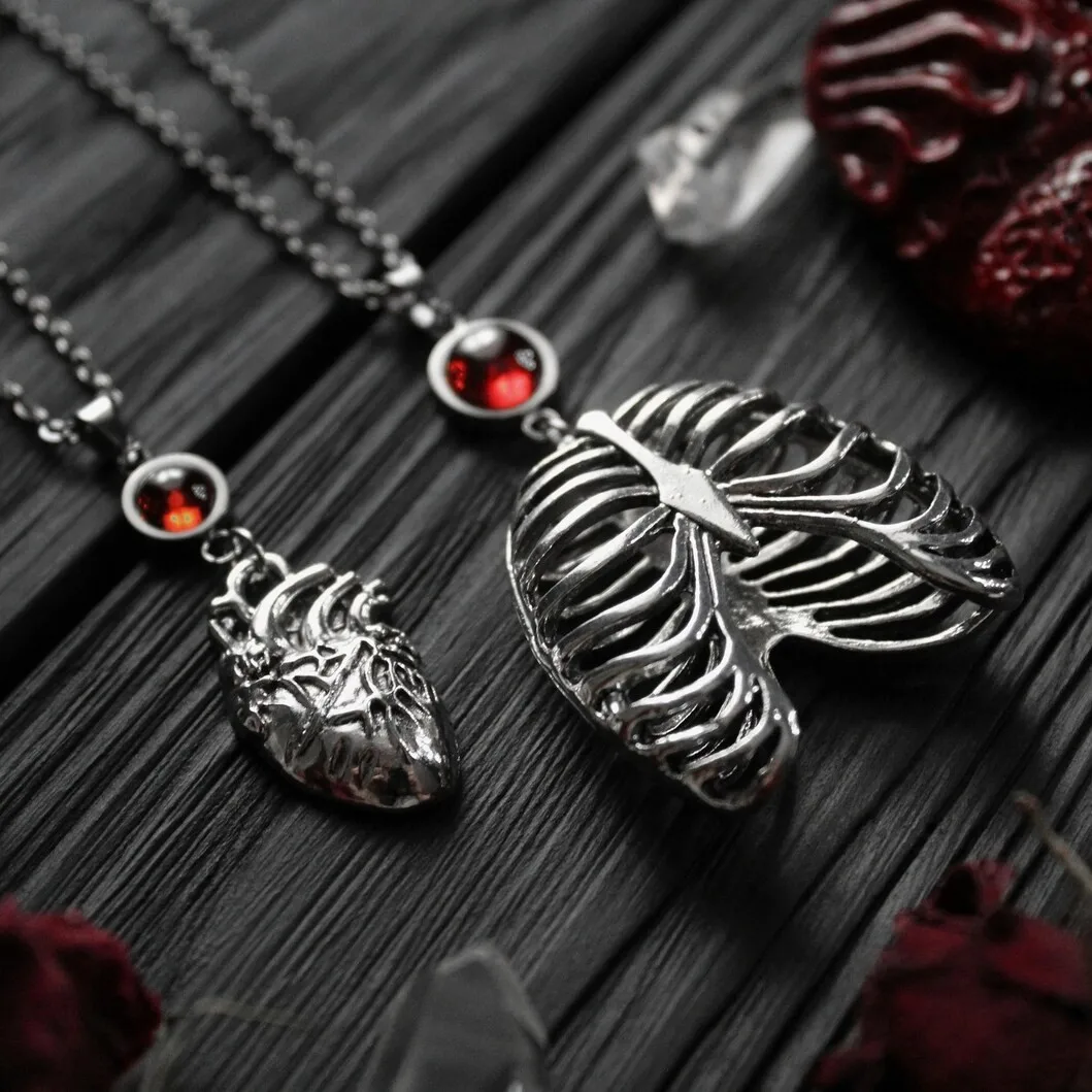 Heart Chest necklace,Gothic jewelry,punk,Blood Cameo,Hollow skeleton,organ, Rib，anatomy,pagan,rock,Witch,Choker For Women Man