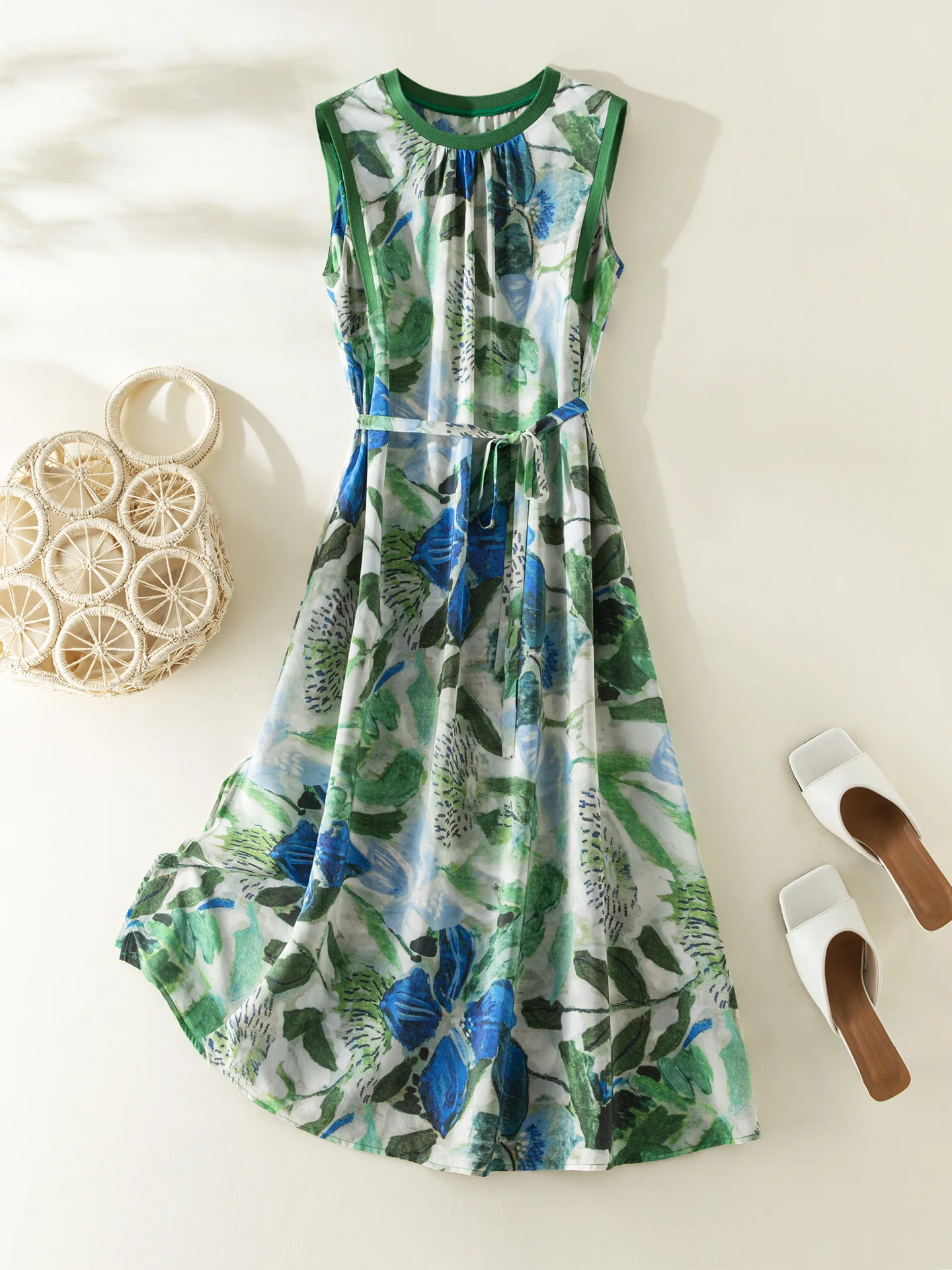 Elegant Fashion 100% Real Silk Summer Dress V-neck Three Quarter Sleeve Vintage Print Long Holiday Dress for Women 2026