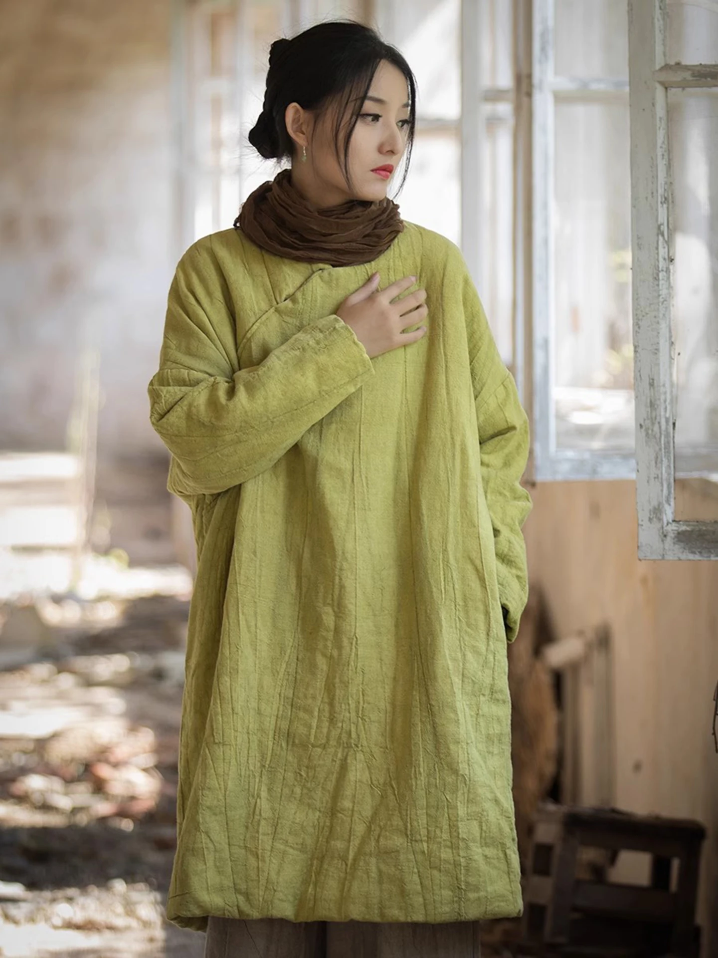 High-End Hemp Cotton Jacket 2026 New Tie-Dye Texture Mid-Length Thickened Cotton Robe National Style Women's Cottonwear