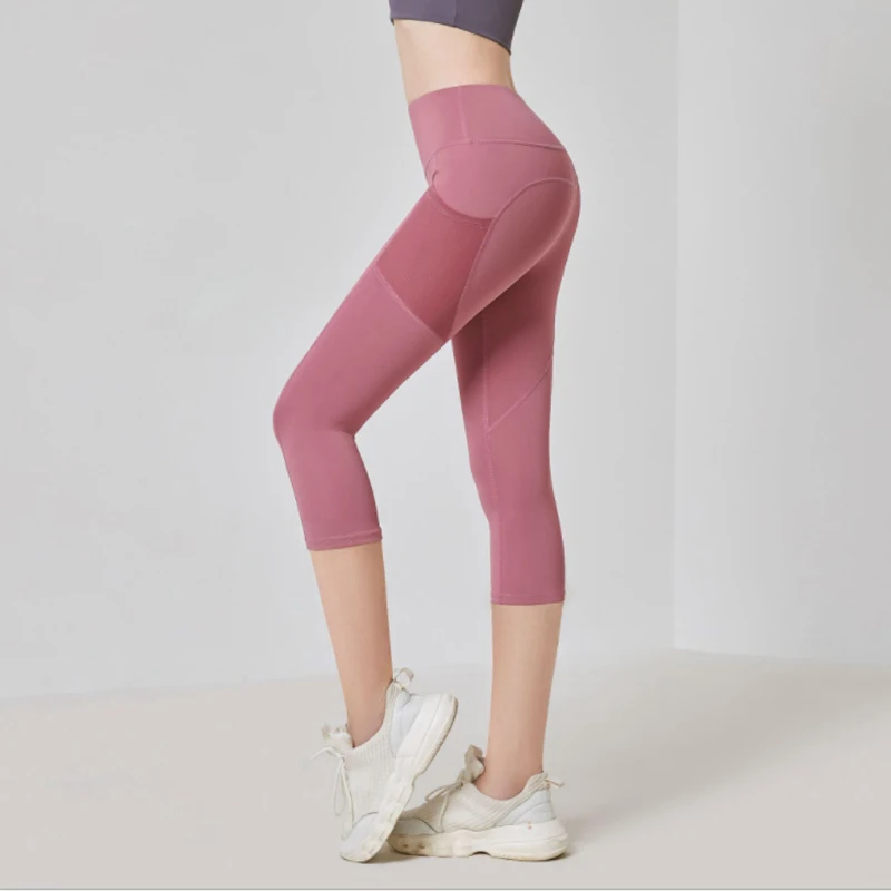 2023 new Spring/Summer New High Elasticity Nude Fit Sports Fitness Capris Side Mesh Pockets Slim Fit High Waist Yoga Pants