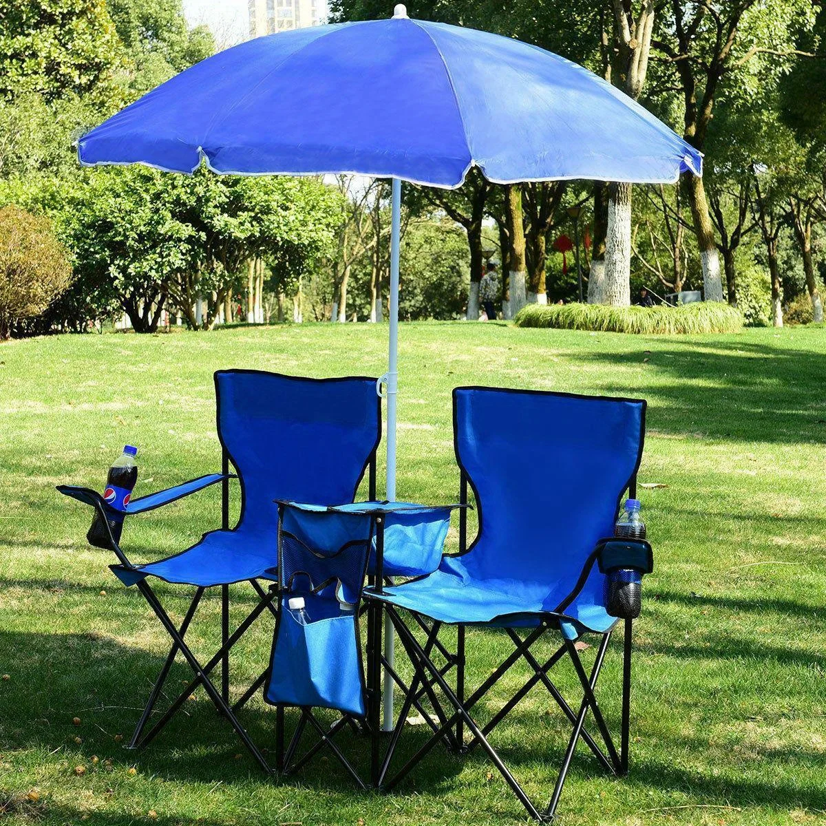 Pieghevole Picnic Beach Camping Double Chair + ombrello Table Cooler Fishing Fold Up