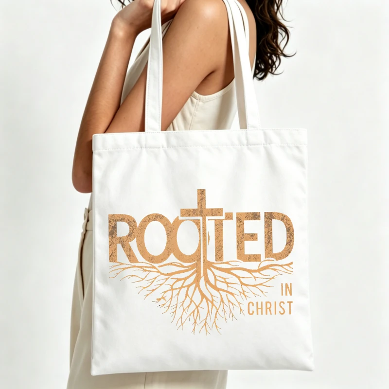 cross and root typography print canvas tote bag, casual style for daily use and church outings