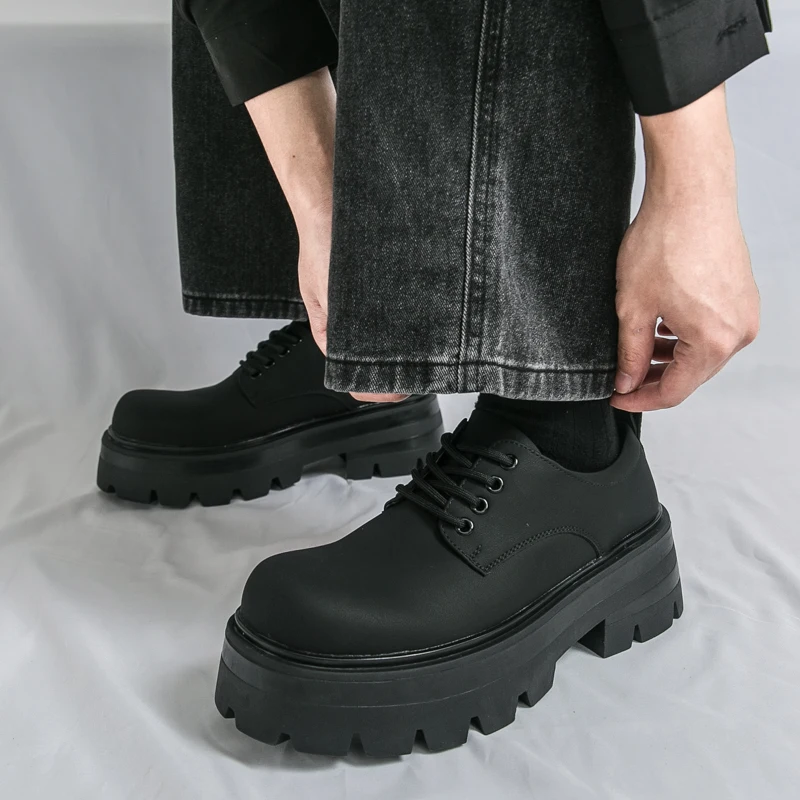 Men Business Derby Shoes Black Casual and Comfortable Thick-soled Anti-slip Fashionable Large-head Leather Shoes Size 38-46