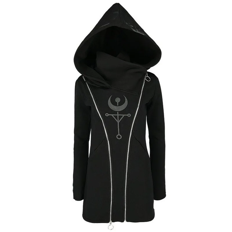 

Gothic Punk Women Hooded Double Zipper Casual Black Hoodies Slim Fit Female Dark Sweatshirt Goth Outdoors Clothes Hoody