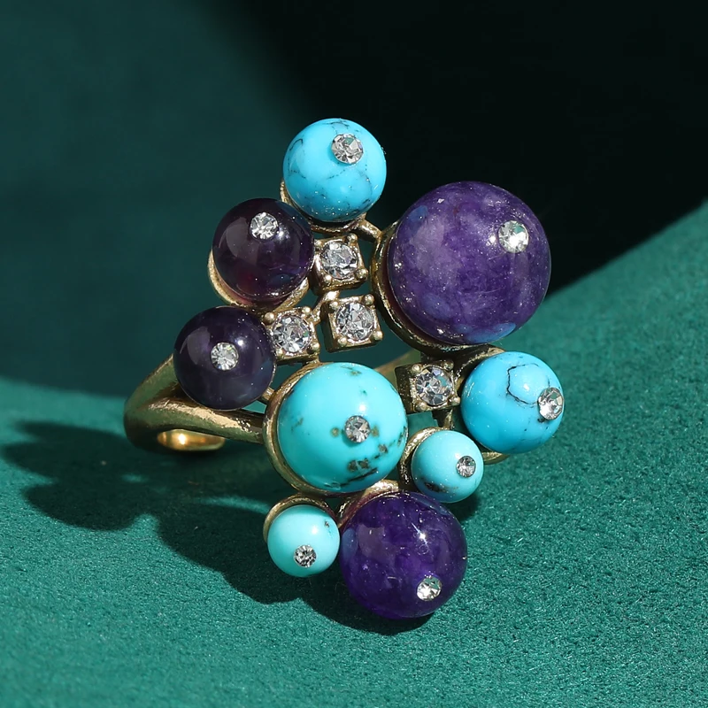 

Vintage Purple Natural Stone Turquoise Rings Rhinestones Designer Jewelry Luxury For Women Beach 2026 Retro Anniversary